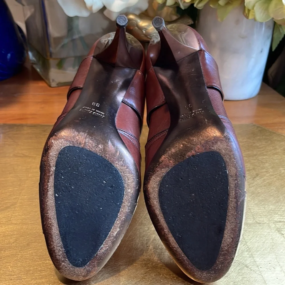 Miu Miu Capretto Stitch Cotto Leather Booties in Brown Leather and Copper